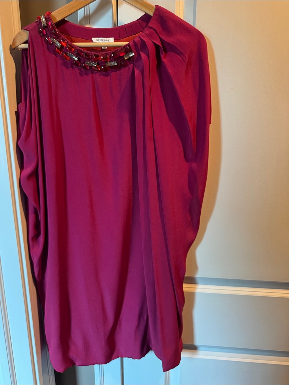 Gianfranco Ferré Asymmetrical Dress in Deep Magenta with Beaded Neckline